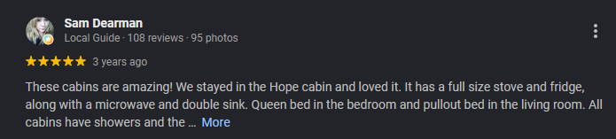 Google review for At Living Water Cabins