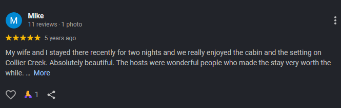 Google review for At Living Water Cabins