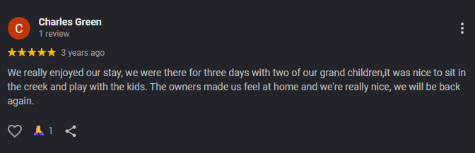 Google review for At Living Water Cabins