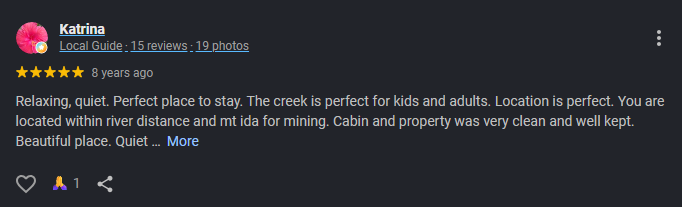 Google review for At Living Water Cabins