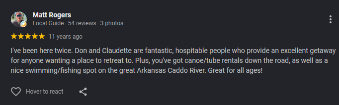 Google review for At Living Water Cabins