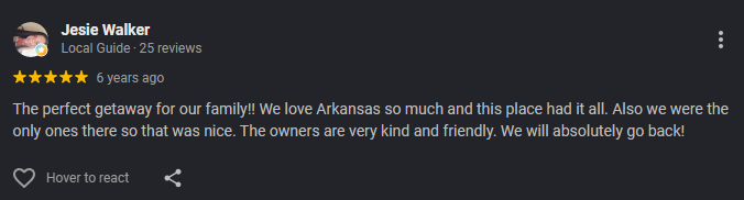 Google review for At Living Water Cabins