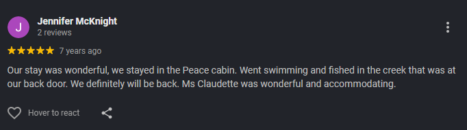 Google review for At Living Water Cabins